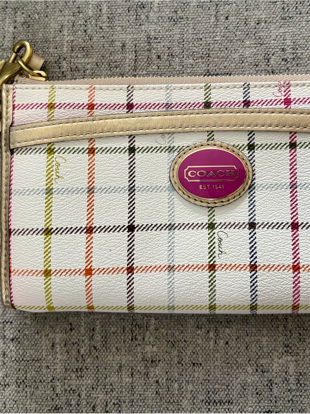 Coach Multicolor Plaid Wristlet with Pink Logo